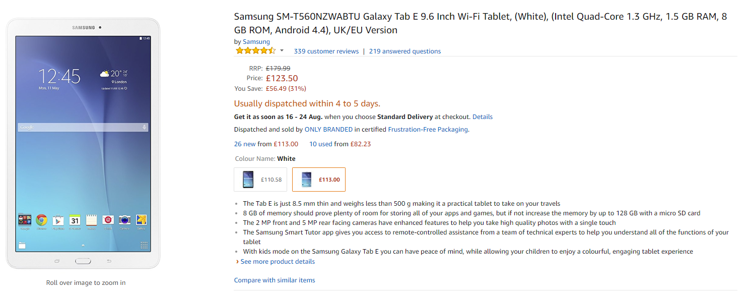 Samsung SM-T560NZWABTU Galaxy Tab E 9.6 Inch Wi-Fi Tablet, (White), (Intel Quad-Core 1.3 GHz, 1.5 GB RAM, 8 GB ROM, Android 4.4)