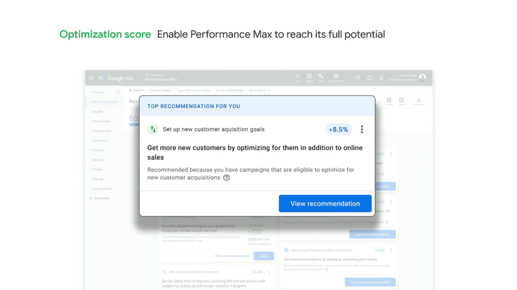 Recommendations pop-up for Performance Max campaigns - Google Marketing Live Keynote 2022.