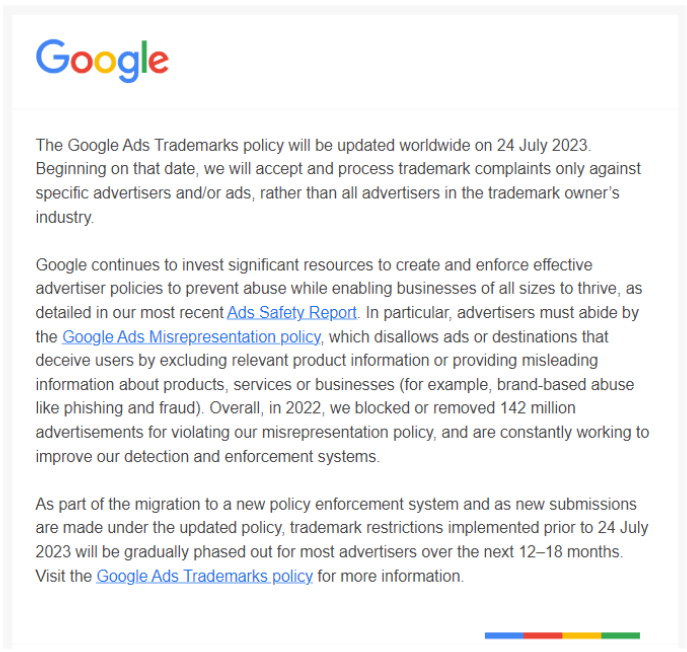 Notificación de Google Ads a los anunciantes sobre el cambio en su política de marcas