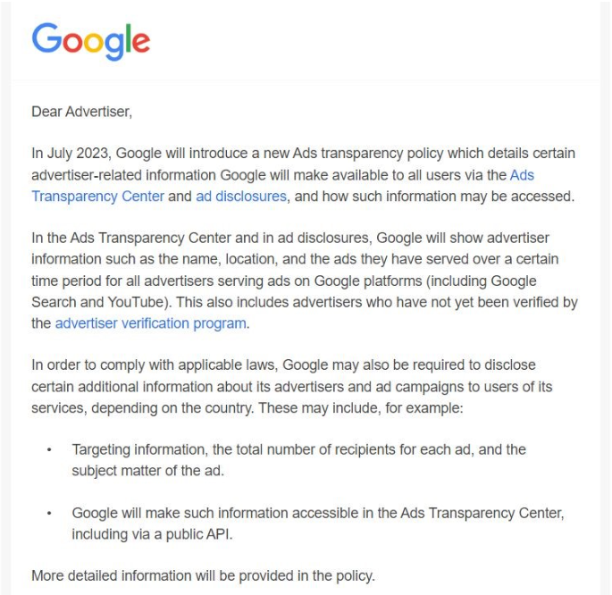 Google Ads Transparency policy update notificaction to advertisers